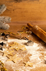 the process of making cookies, flour, cookie molds on the table. High quality photo