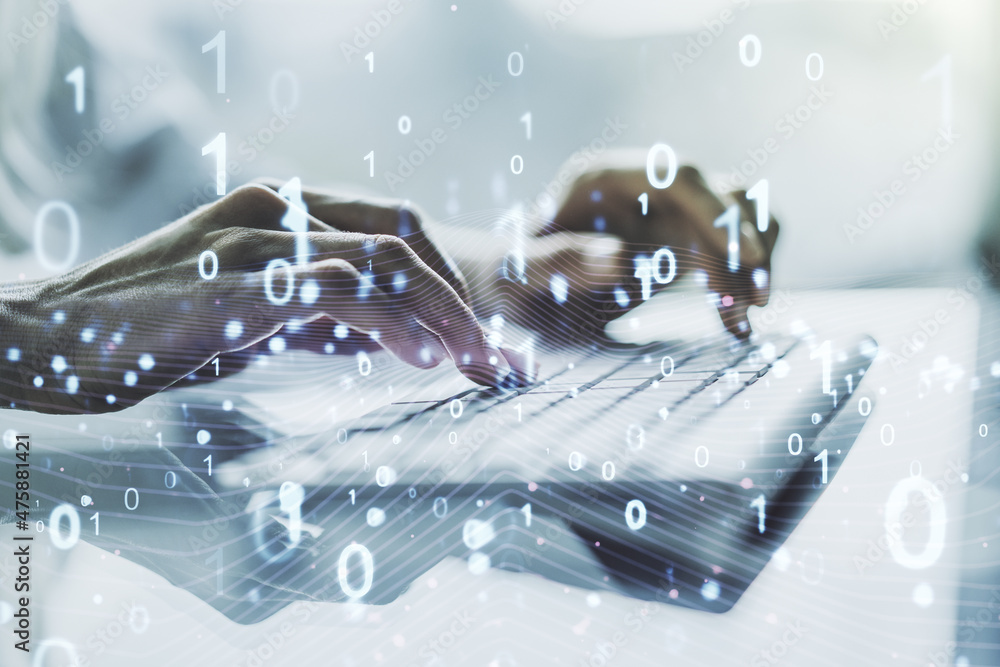 Aufkleber creative concept of binary code illustration and hands typing on laptop on background. big data and 