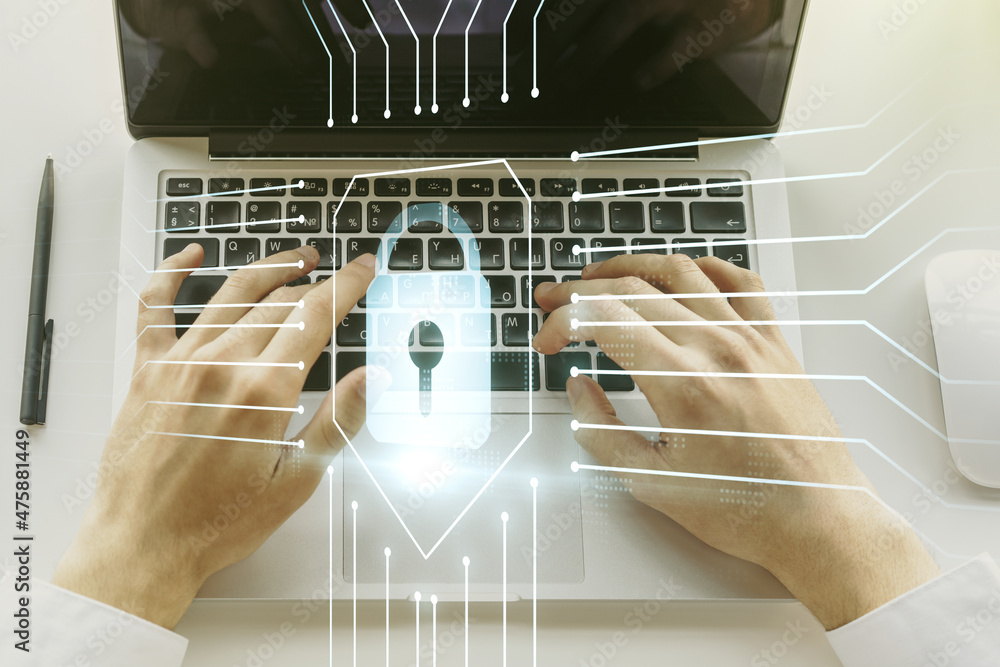 Leinwandbilder Creative lock illustration with microcircuit and hands typing on computer keyboard on background, cyber security concept. Multiexposure