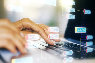 Abstract creative coding concept with hands typing on laptop on background. Multiexposure
