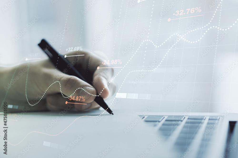 Poster multi exposure of stats data illustration with hand writing in notebook on background with laptop, c