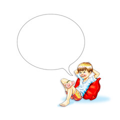 Junge männlich Kind Schüler sitzen Sprechblase Kissen gemütlich Hände hinter Kopf entspannt Entspannung Freude friedlich Lachen lächelnd barfuß Füße Sommer genießen Ruhe hübsch Erholung Freizeit 