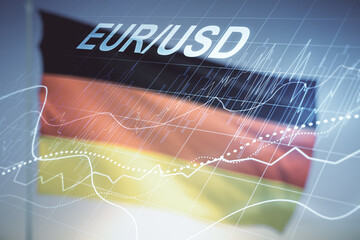 Double exposure of abstract virtual EURO USD forex chart hologram on German flag and blue sky background. Banking and investing concept