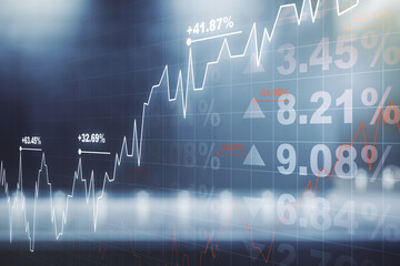 Double exposure of abstract creative financial chart hologram on modern business center exterior background, research and strategy concept