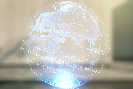 Double exposure of abstract programming language hologram and world map on modern business center exterior background, research and development concept