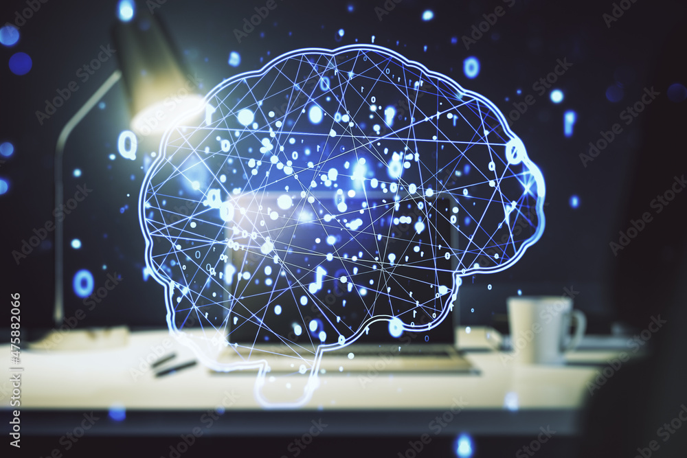Poster double exposure of creative human brain microcircuit with computer on background. future technology 