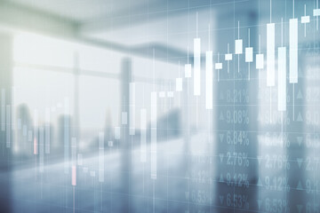 Double exposure of abstract creative financial chart hologram on empty modern office background, research and strategy concept