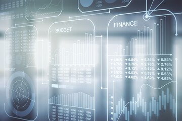Abstract virtual stats data hologram on empty corporate office background. Multiexposure