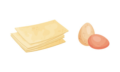 Pasta and eggs. Ingredients for Italian Lasagna cooking set vector illustration