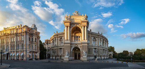 Odessa National Academic Theater of Opera and Ballet in Ukraine. Evening panoramic view.
