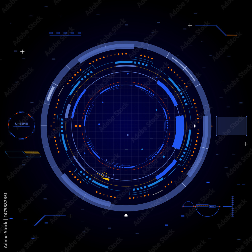 Poster HUD UI Futuristic Geometric Circle Structure Shape Game Target Vector Set. Aiming Virtual Reality Monitoring Information Infographic Illustration
