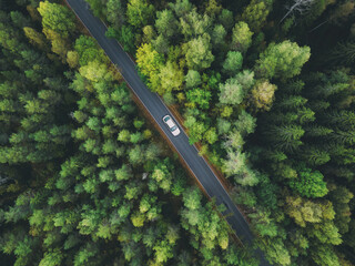 Aerial view asphalt road and green forest. Country road going through forest with car adventure...