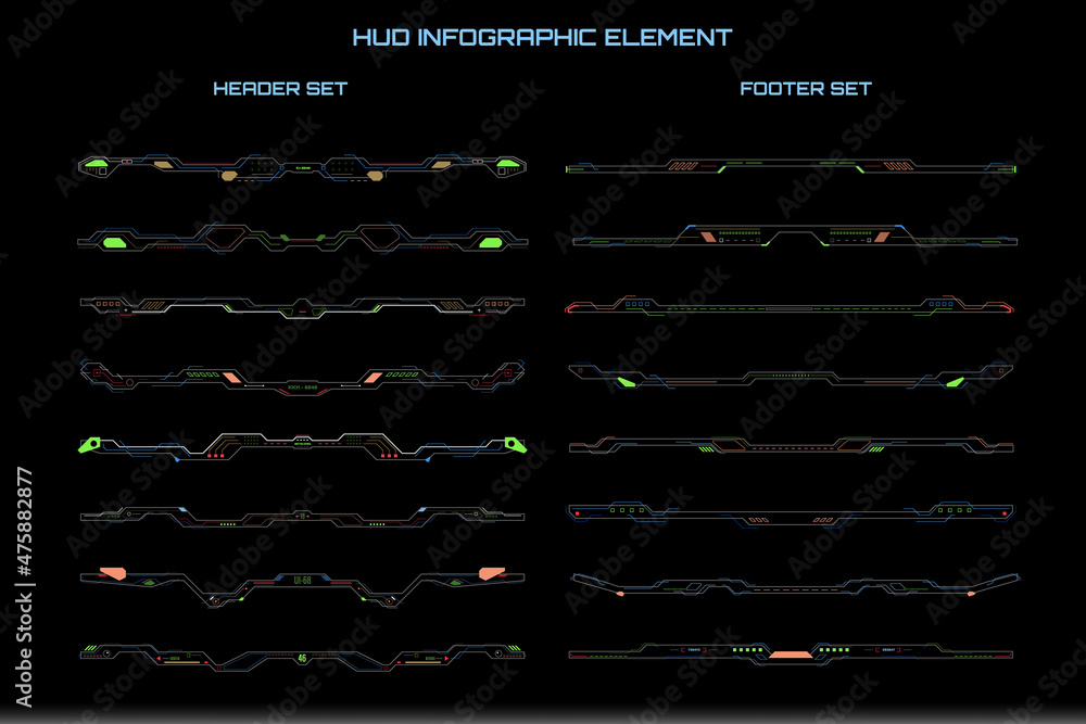 Poster futuristic header footer straight bars element. hud scifi technology future frame template.