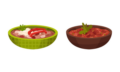 Mexican traditional food set. Bowls of hot tasty dishes vector illustration