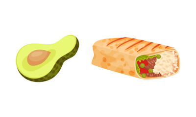 Mexican traditional food set. Burritos corn wrap with lettuce, tomato, rice, meat and avocado vector illustration