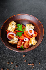panzanella salad dried toast bread, tomato, onion meal snack copy space food background rustic 