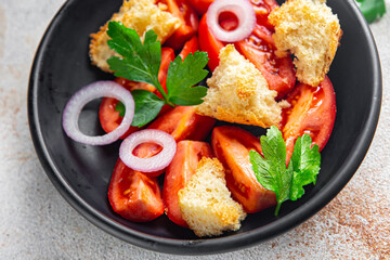 panzanella salad dried toast bread, tomato, onion meal snack copy space food background rustic 