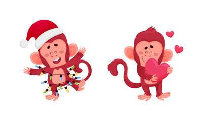 Cute funny monkeys actions set. Little baby animal characters celebrating Christmas and holding pink heart vector illustration