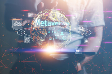 Business people show the future world of metaverse, internet technology, networking applications around the world. to create a virtual image
