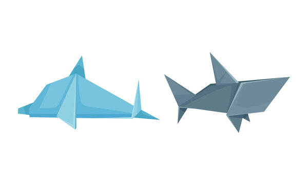 Color origami animals set. Dolphin and shark Japanese origami folded toys vector illustration
