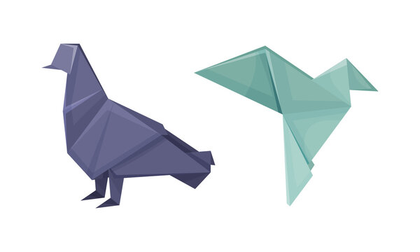 Color origami animals set. Pigeon and hummingbird Japanese origami folded toys vector illustration