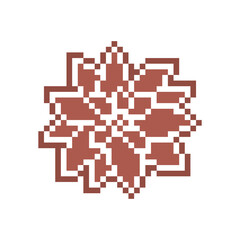 Pixel art poinsettia flower, gingerbread cookie decorated with white sugar icing, 8 bit food icon isolated on white background. Frosted chocolate biscuit. Christmas dessert. Winter holiday pastry.