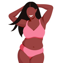 Obraz na płótnie Canvas vector bright illustration on the theme of body positive. a young juicy plump girl is not shy about her fat folds on her stomach. isolated on white background. love and accept your body. love yourself