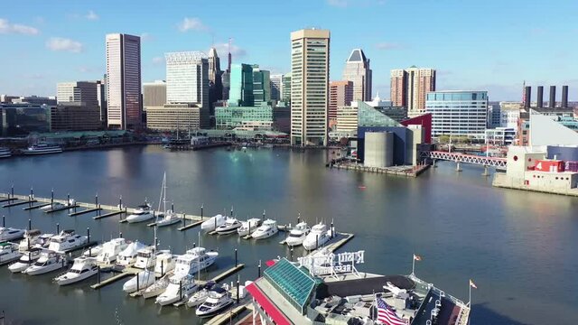 Aerial Flying Over Baltimore, Inner Harbor, Downtown, Maryland