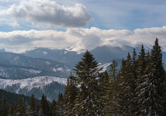 Winter remote alpine mountain village outskirts, countryside hills, groves and farmlands.