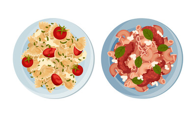 Cooked pasta dishes set. Top view of pasta with tomato and beans served on plates vector illustration