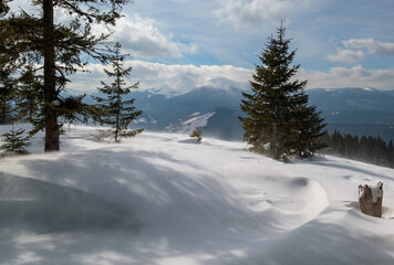 Winter remote alpine mountain village outskirts, countryside hills, groves and farmlands.