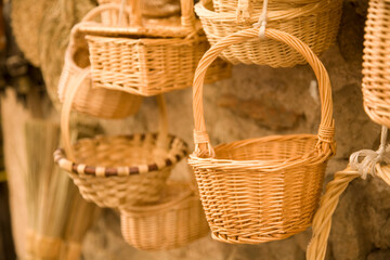 Wicker baskets hanging on the wall