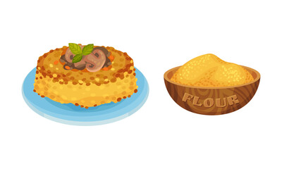 Polenta, traditional Italian cuisine food. Corn flour ingredient for pasta cooking set. vector illustration