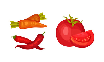 Ingredients for pasta cooking set. Chilly pepper, carrot and tomato vector illustration