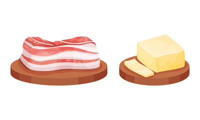 Ingredients for pasta cooking set. Raw bacon and butter vector illustration