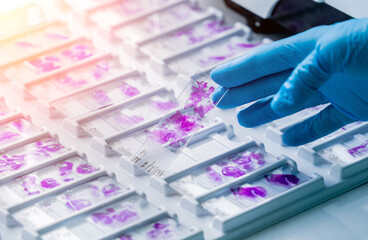 Hand in blue glove holding glass histology slides