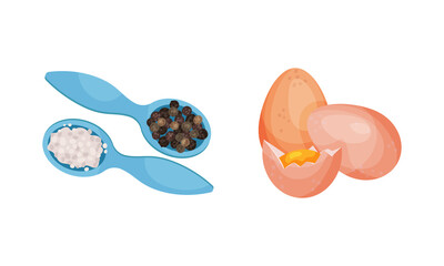 Ingredients for pasta cooking set. Eggs, pepper and salt in wooden spoons vector illustration