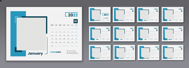 New year 2022 calendar planner set vector template design for stationery business. Week starts on Monday.
