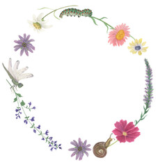 Watercolor painting botanical wreath with flowers, caterpillar, dragonfly, snail