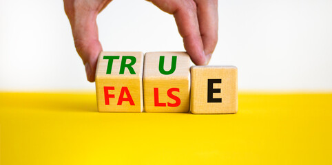 False or true symbol. Businessman turns wooden cubes and changes the word false to true or vice versa. Beautiful yellow table, white background, copy space. Business and false or true concept.