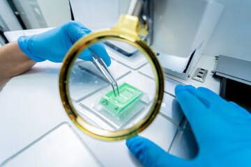 Laboratory assistant works at paraffin wax dispenser tissue embedding machine.