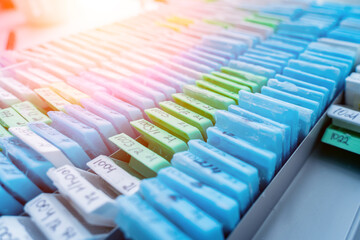 Multicolored patient tissue blocks at modern laboratory