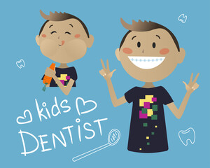 Cute cartoon boy eating carrots. The child shows a gesture of peace. Dental examination. Vector illustration for pediatric dentistry