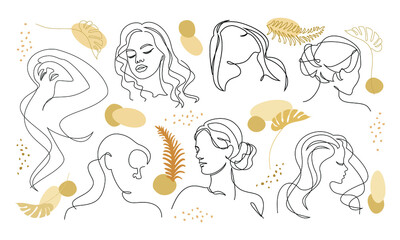 Collection. Silhouettes of a girl's head, a woman's face and a leaf of a plant in a modern style. The woman laughs. Solid line, outline for decor, posters, stickers, logo. Vector illustration set.