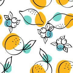 Yellow and Turquoise Lemon Vector White Seamless