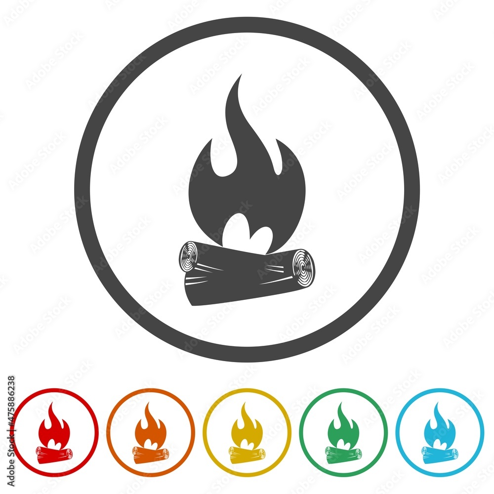 Poster Wooden Camp Fire icon isolated on white background, color set