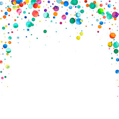 Watercolor confetti on white background. Actual rainbow colored dots. Happy celebration square colorful bright card. Original hand painted confetti.