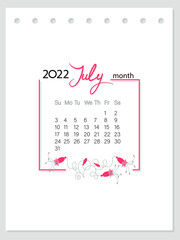 Calendar 2022 year. July month. Bells. Calender layout with flowers decor. Week starts Sunday. Vertical calendar page for weekly planning, organizer. Planner template. Vector illustration. 