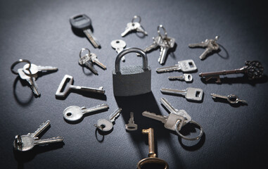 Padlock and keys on the black background.