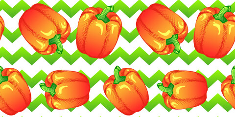 Seamless pattern illustration of sweet bell pepper in bright colors. Illustration for advertising, packaging or publishing recipes. Culinary illustration of vegetables